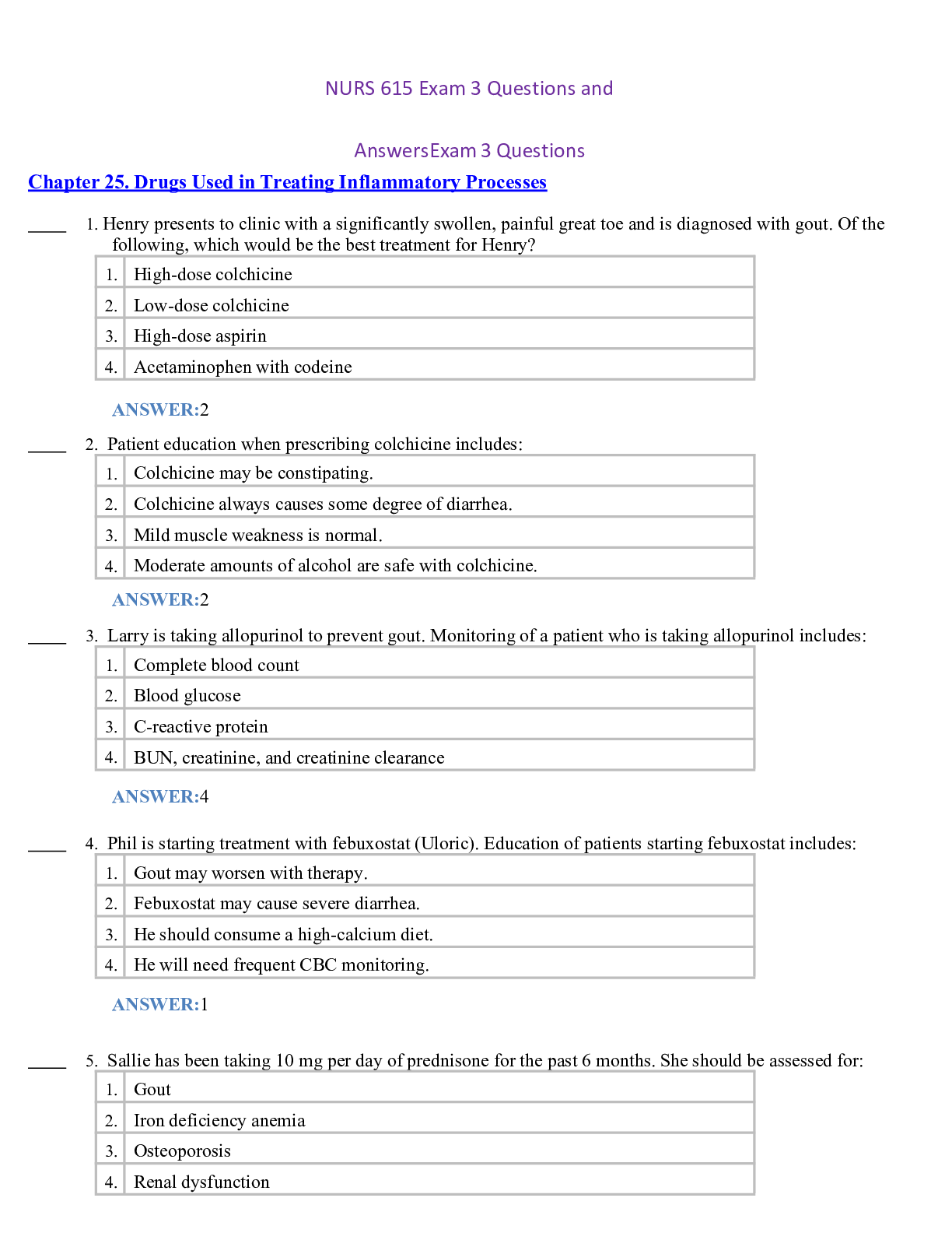 Preview of NURS 615 Exam 3 Questions and Answers